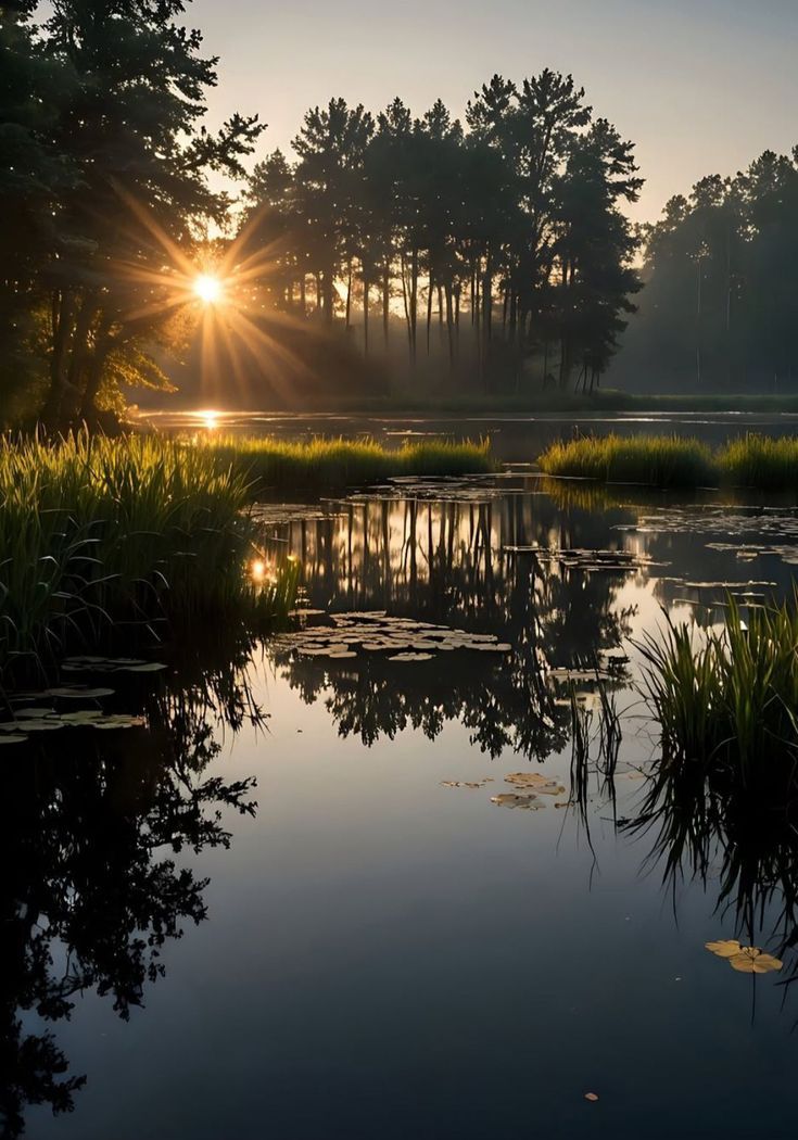 A recovering wetland meadow with reeds and still water at low light